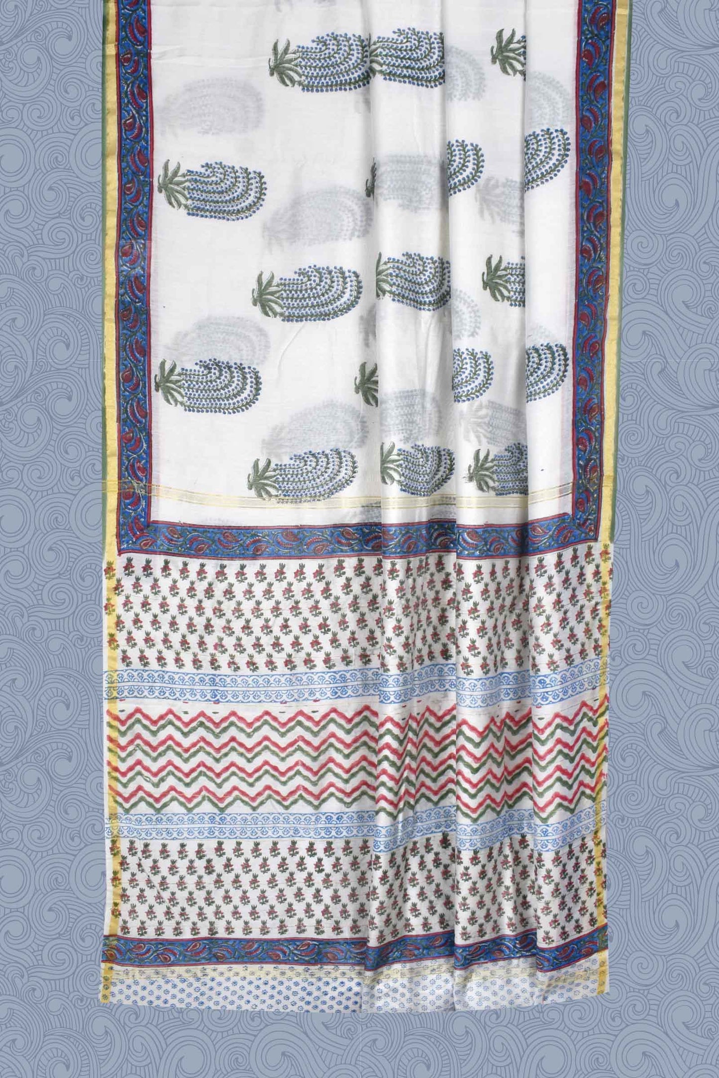 White Chanderi Hand Block Print Saree