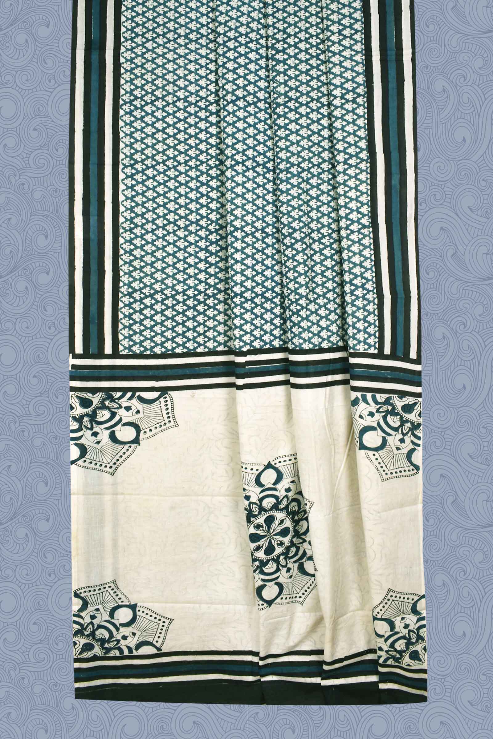 Green - Hand Block Print Natural Dyed Cotton Akola Saree