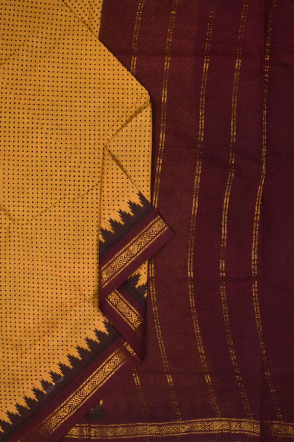 Yellow Brown Contrast Pure Cotton Jari Border Sungudi Print Saree