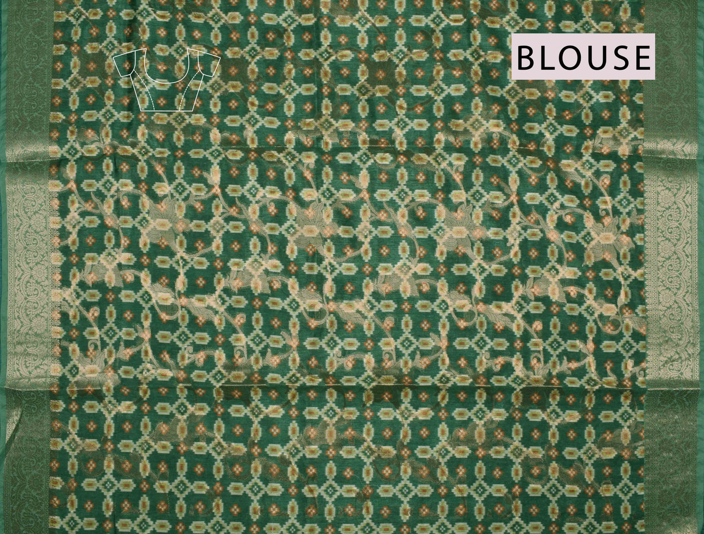 Green Semi Tussar Pochampalli Tiles Print with Printed Blouse Saree