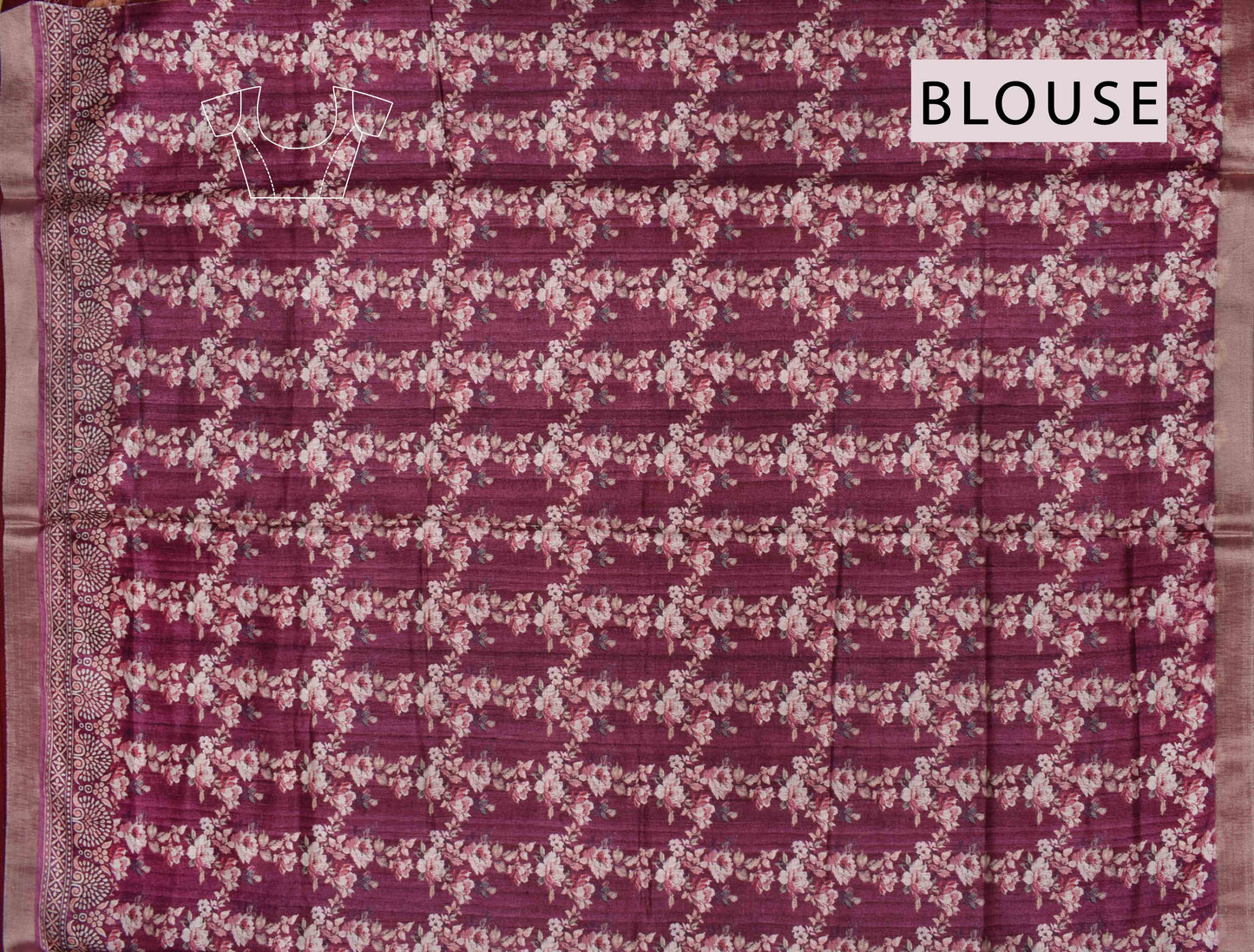 Pink Semi Tussar Floral Bouquet Print Fancy Border Saree