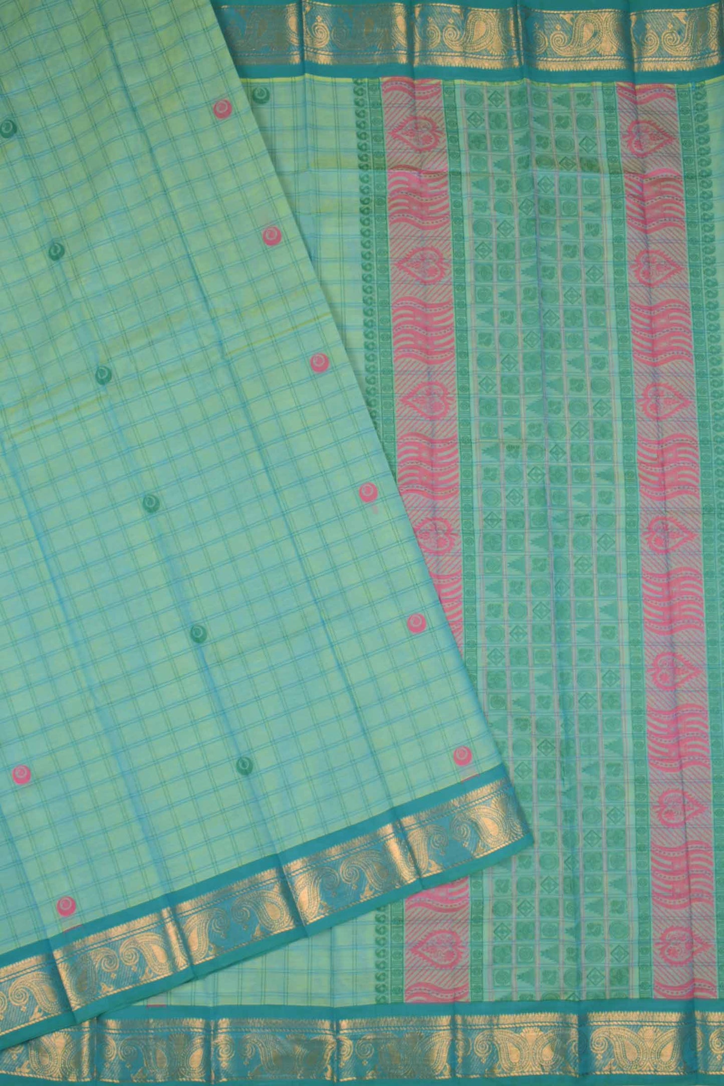 Green Chettinad Pure Cotton Kattam Butta Golden Border Saree