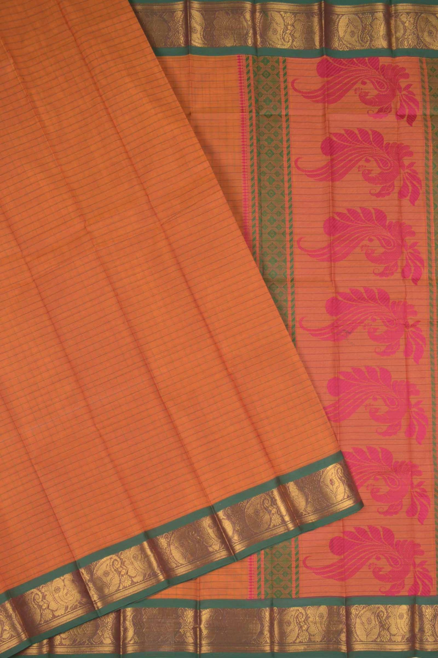 Orange Chettinad Pure Cotton Kattam Rich Golden Peacock Border Saree
