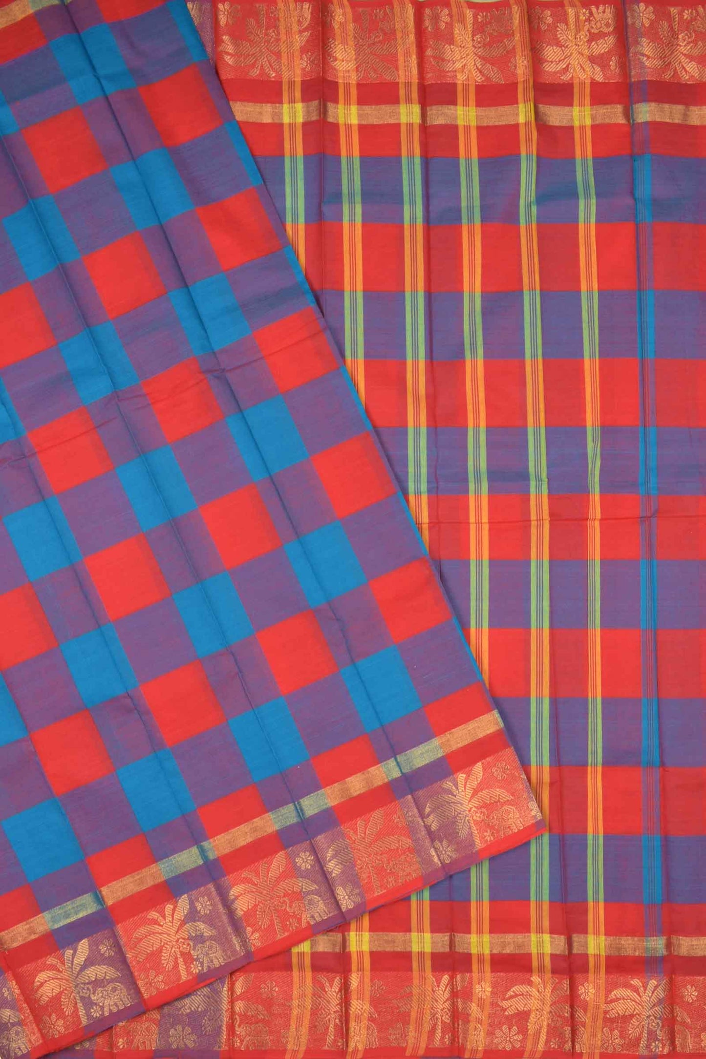 Multi Colour Chettinad Pure Cotton Kattam Golden Zari Tropical Border Pallu Saree