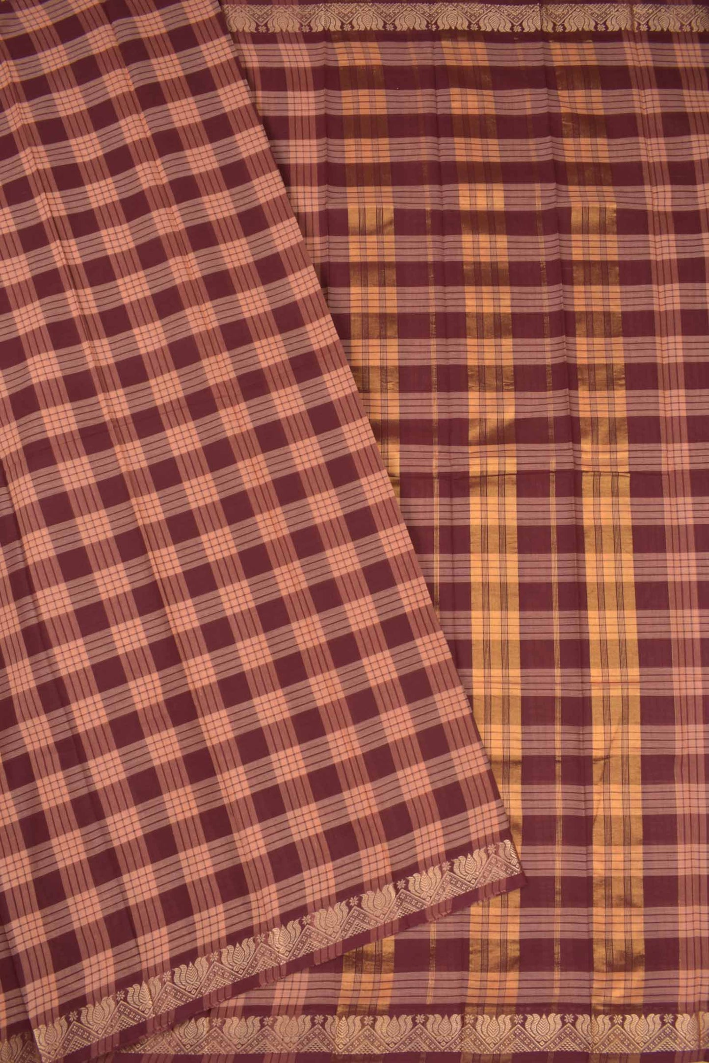 Maroon With Orange Chettinad Kattam Pure Cotton Zari Lotus Border Saree