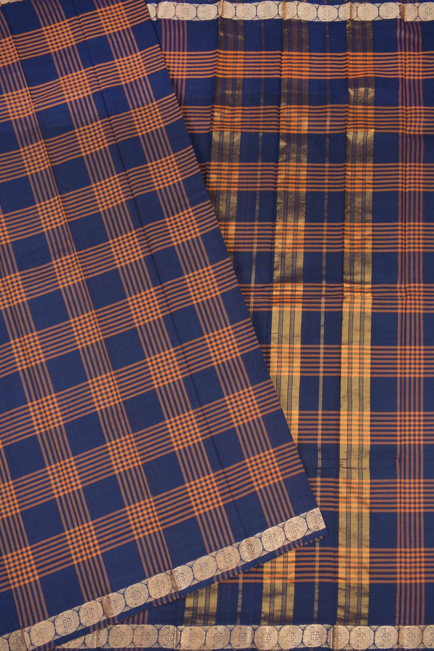 Blue with Yellow Chettinad Kattam Pure Cotton Zari Border Pallu Saree