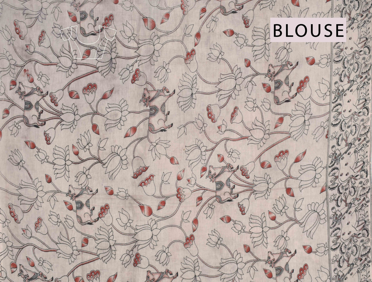 Black Kalamkari Pure Cotton Royal Cow Floral Printed Peacock Pallu Saree