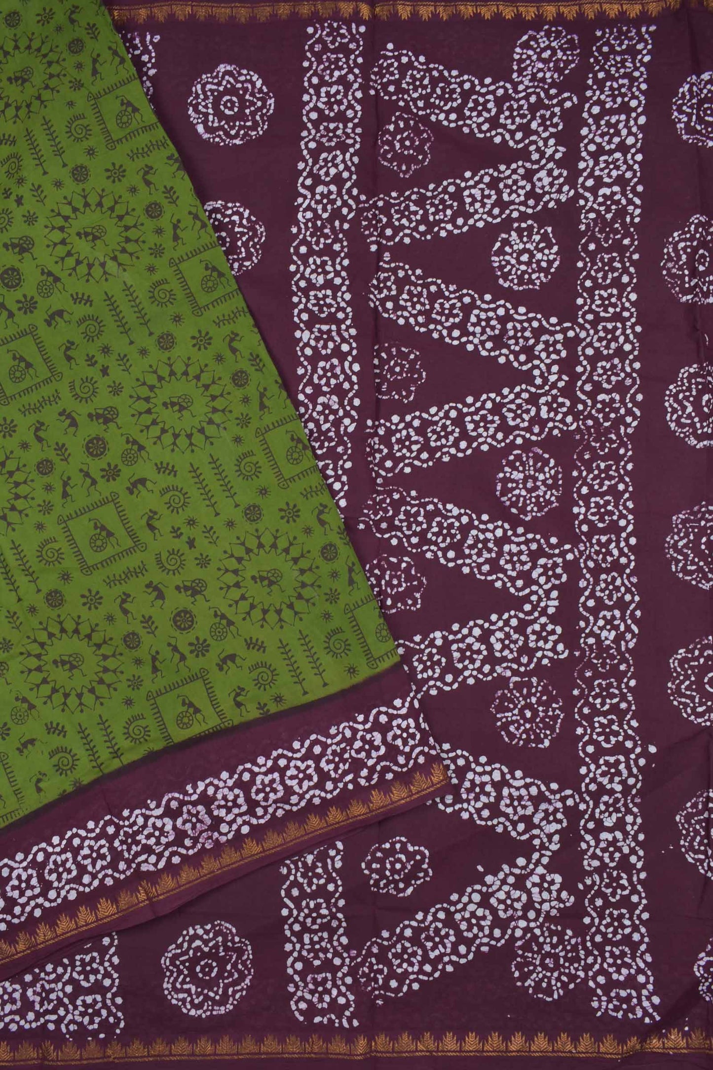 Dark Olive Green Pure Sungudi Cotton Warli Print Contrast Border Pallu Saree