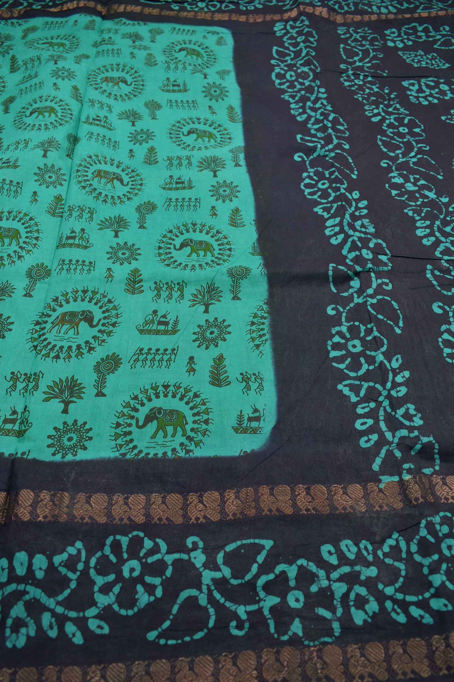 Green Blue Pure Sungudi Cotton Warli Style Floral Border Leaf Pallu Saree