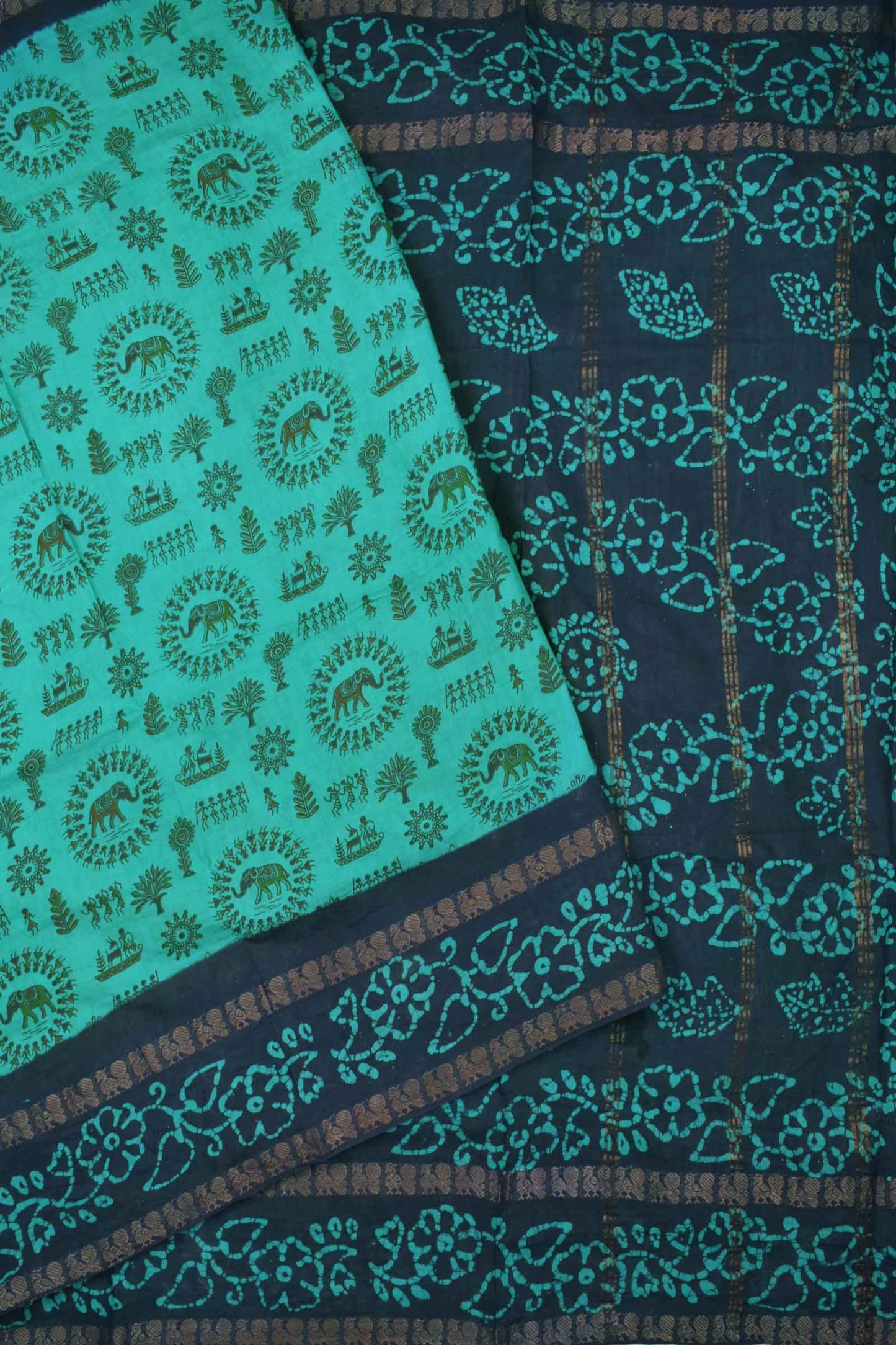 Green Blue Pure Sungudi Cotton Warli Style Floral Border Leaf Pallu Saree