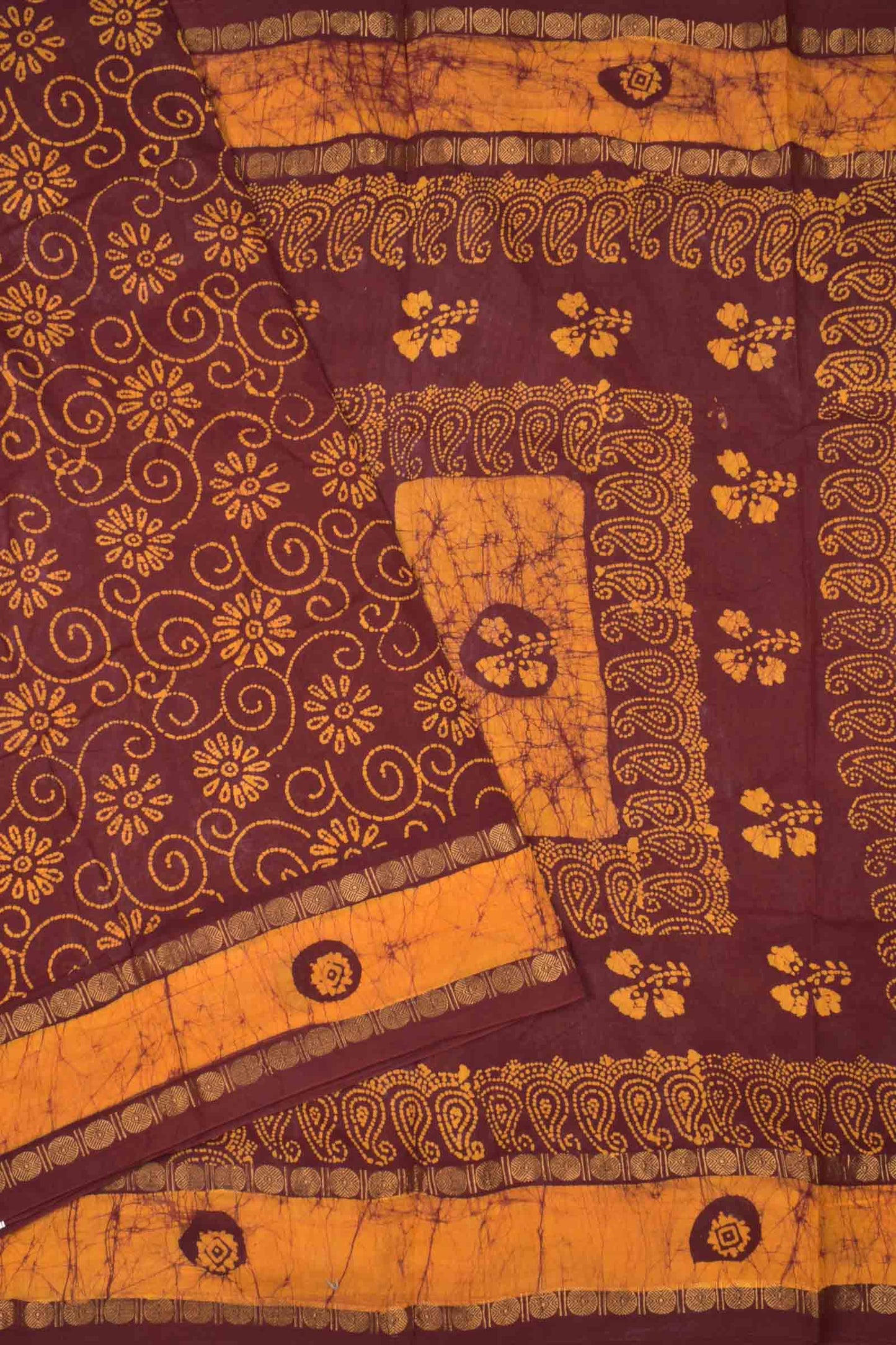 Dark Brown With Yellow Pure Sungudi Cotton Floral Fancy Printed Saree
