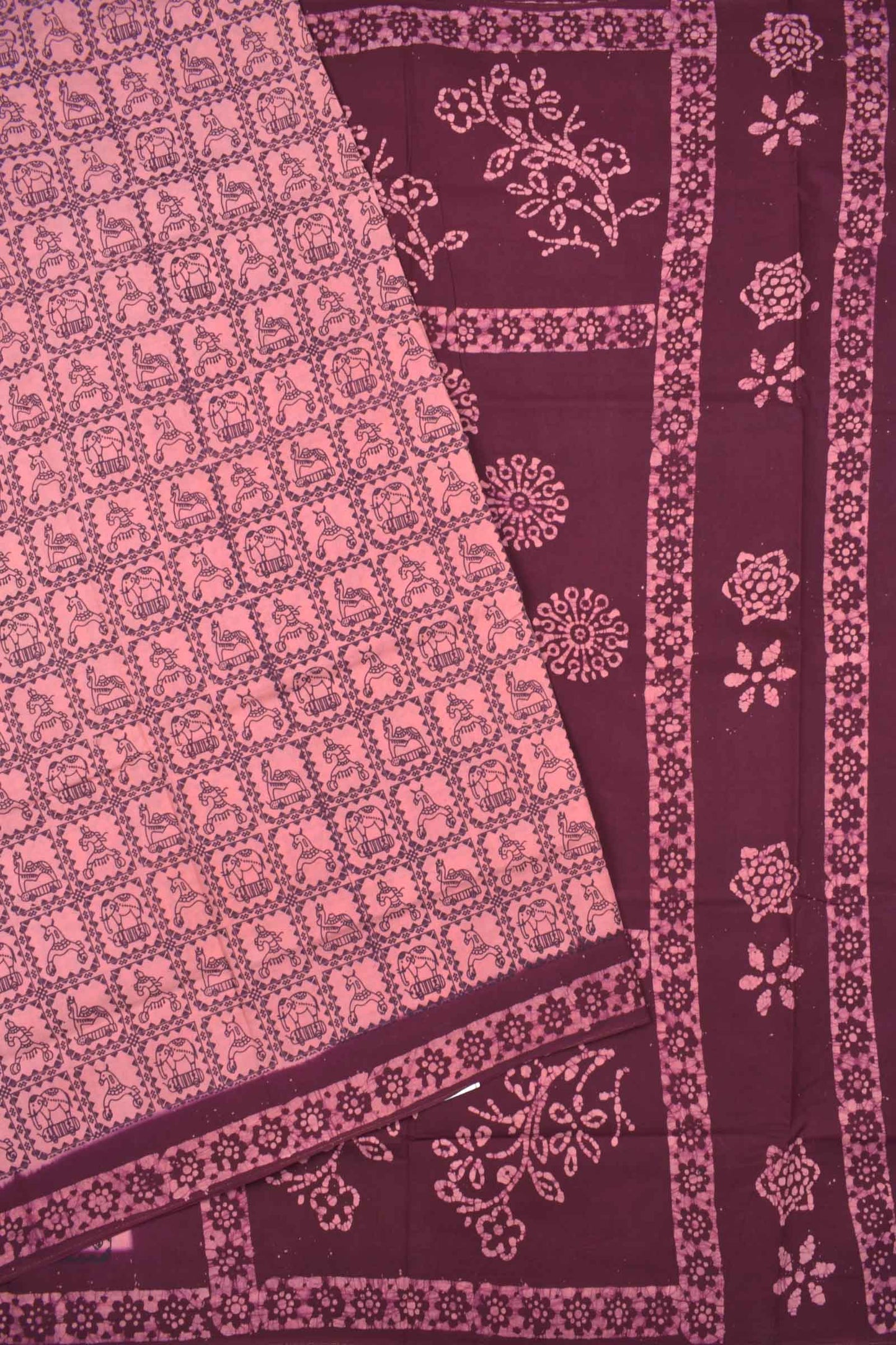 Light Pink Pure Sungudi Cotton Animal Frames Contrast Border Pallu Saree