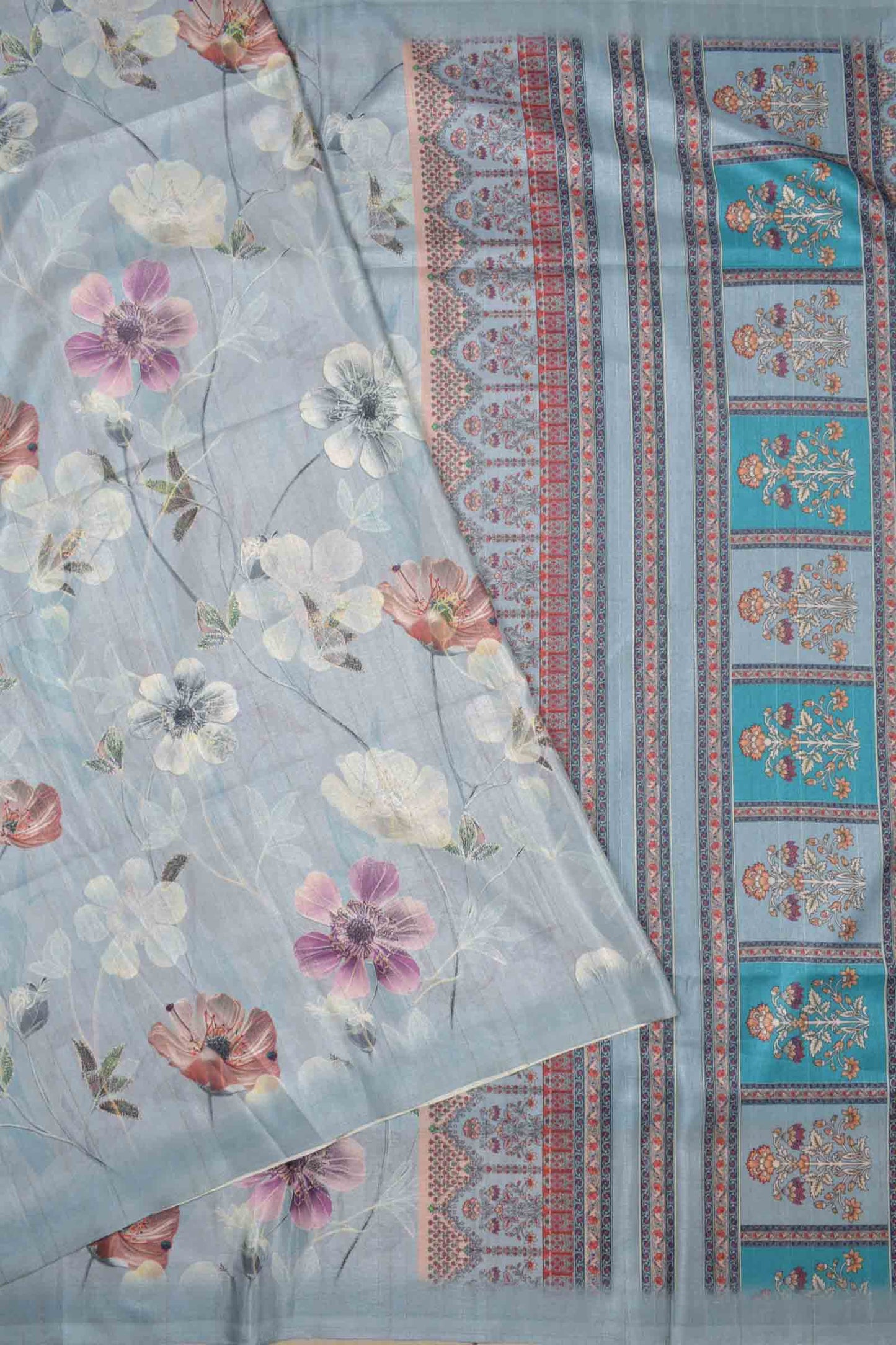 Grey Floral Munga Semi Silk Saree