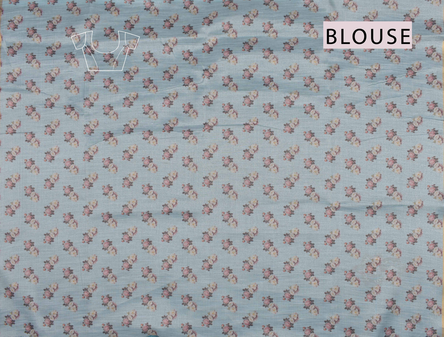 Light Blue Semi Linen Jumbo Roses Silk Zari Border Digital Print Saree