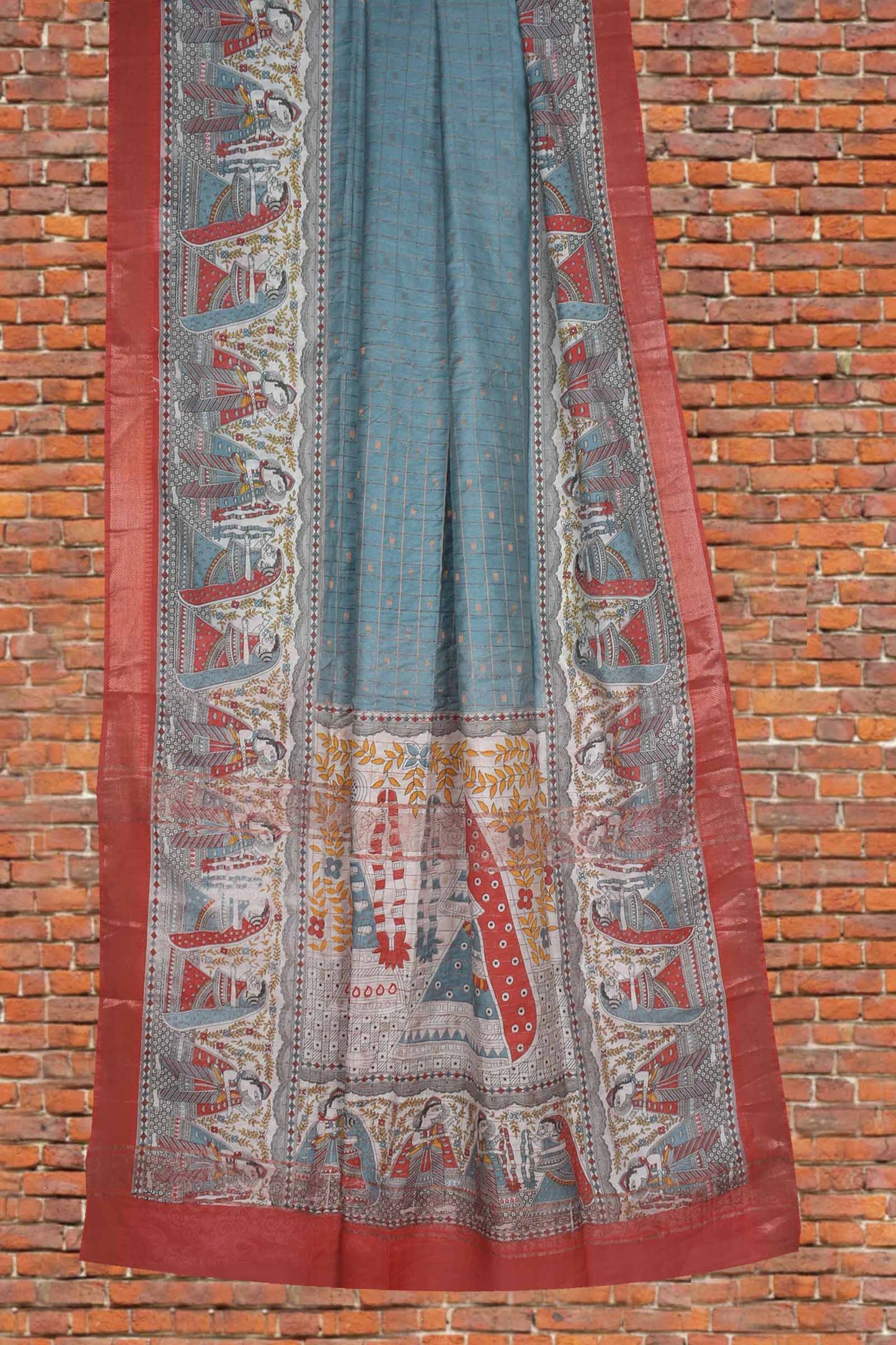 Grey's Blue Bengal Cotton Zari Checks Folk Art Border Saree