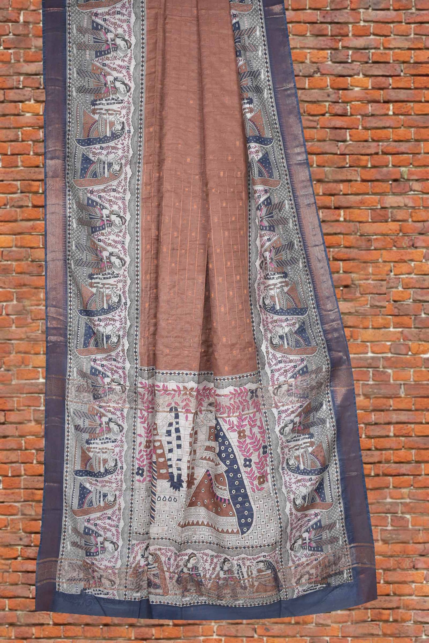Brown Bengal Cotton Zari Checks Folk Art Border Saree