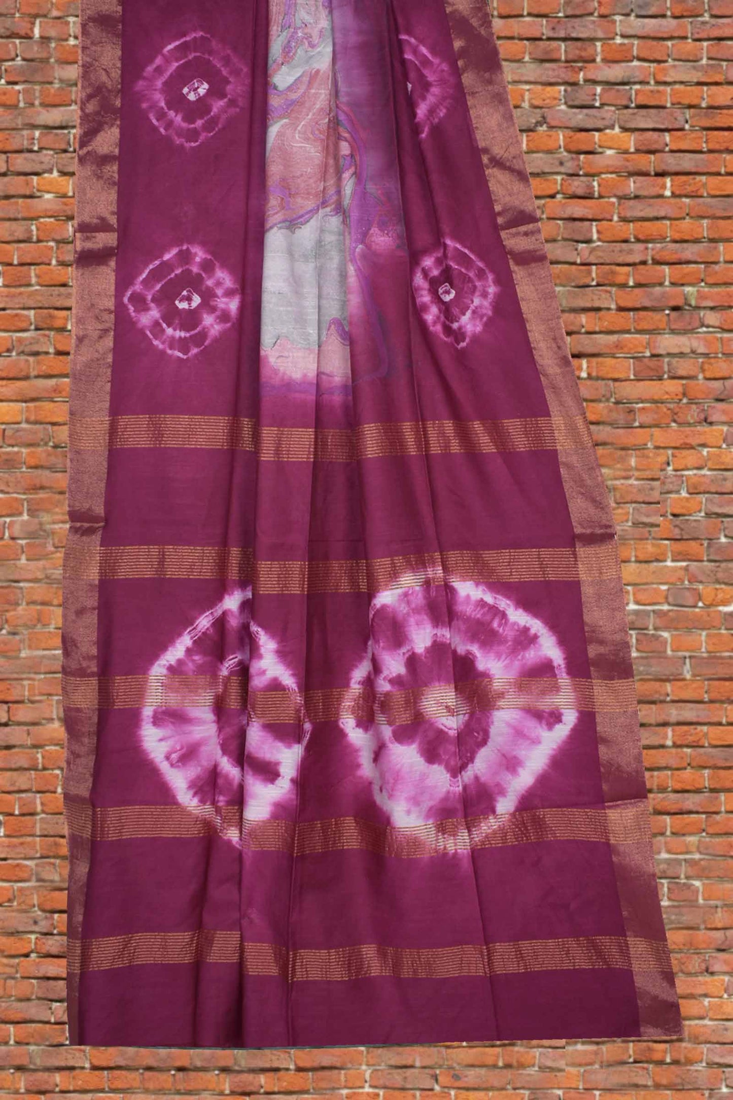 Burgundy Bengal Cotton Batik Style Zari Border Saree