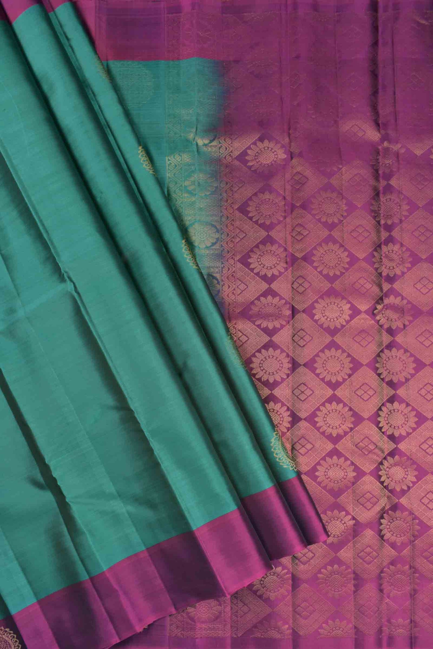 Blue Green Body Chakra Butta Purple Border Pallu Semi Soft Silk Saree
