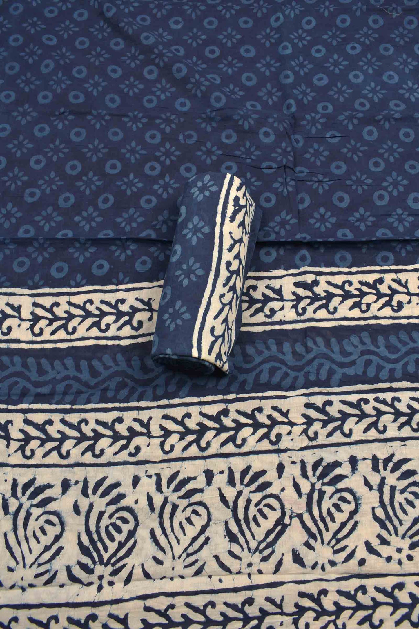 Indigo Blue Cotton Chudithar Material Flamingo Print Suit