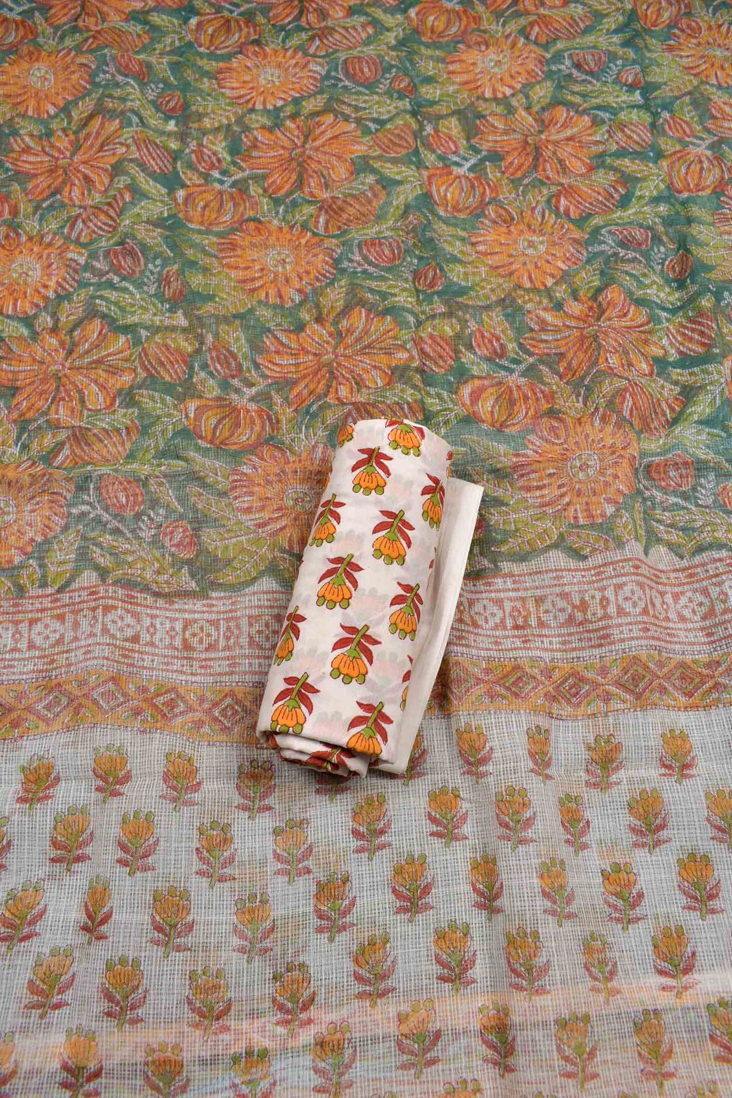 Light Green Kota Cotton Chudithar Material Sunset Floral Suit