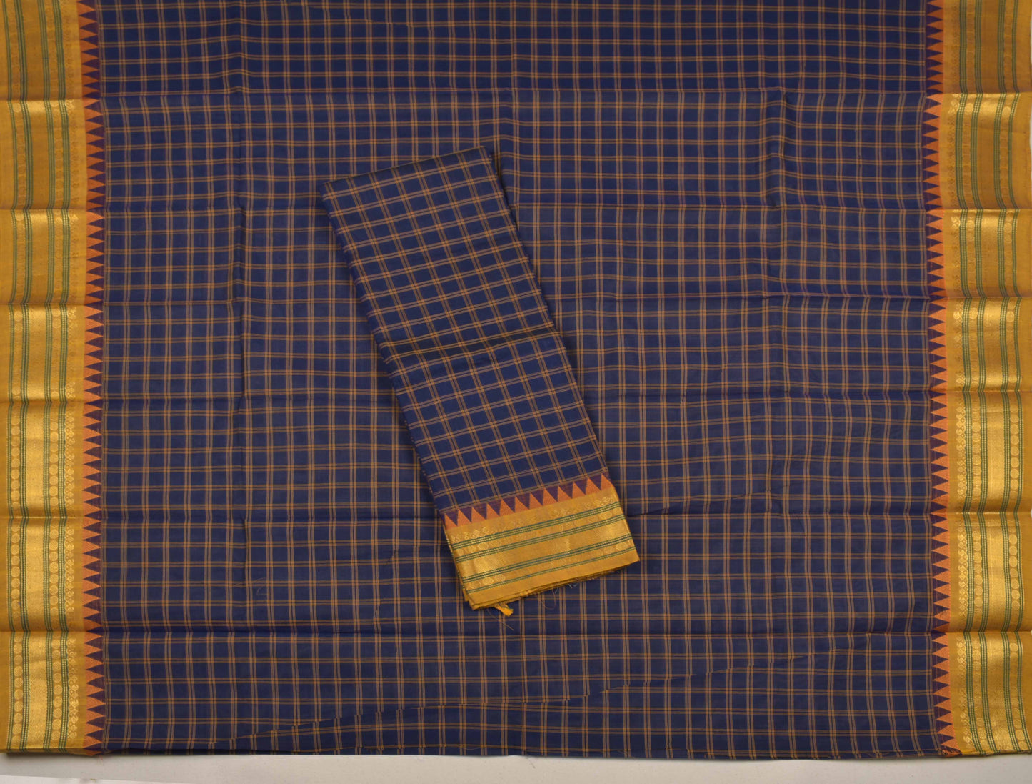 Blue Pure Chettinad Cotton Chudithar Material Checks Yellow Zari Border Suit