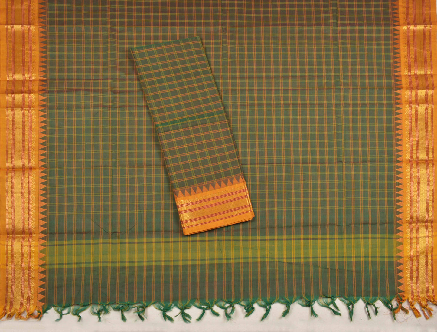 Green Pure Chettinad Cotton Chudithar Material Checks Yellow Zari Border Suit