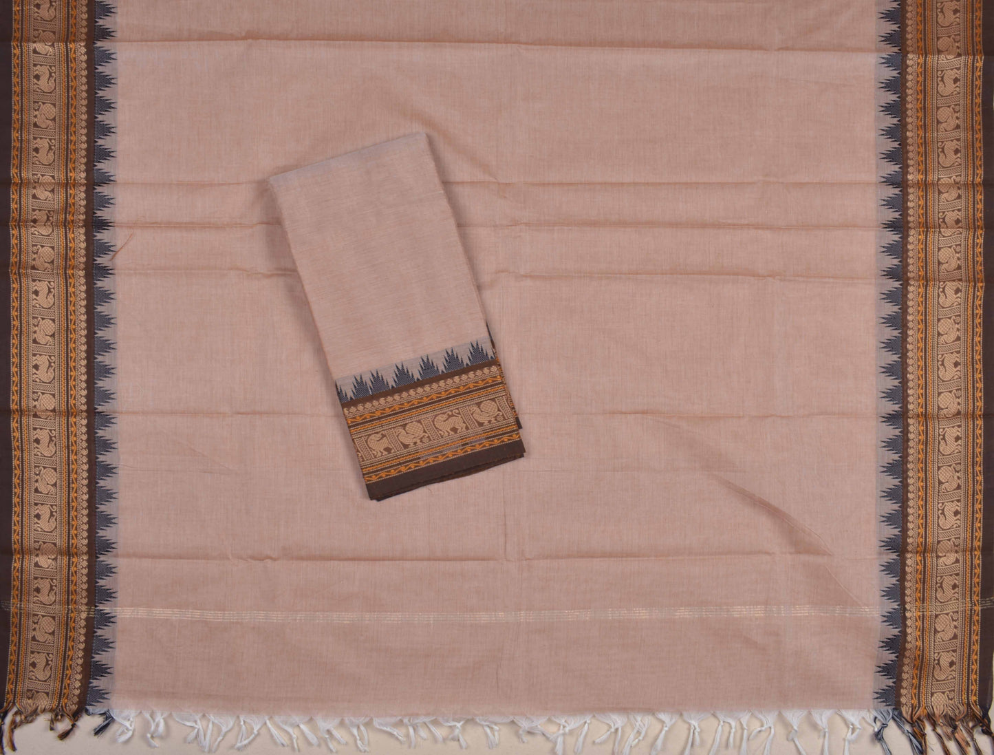 Light Biege Pure Chettinad Cotton Chudithar Material Yazhi Peacock Border Suit