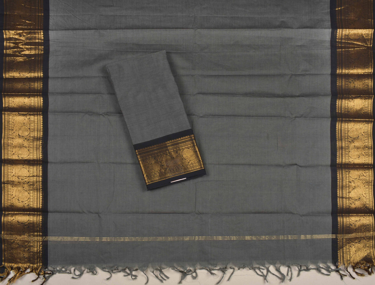 Dark Grey Pure Chettinad Cotton Chudithar Material Peacock Border Suit