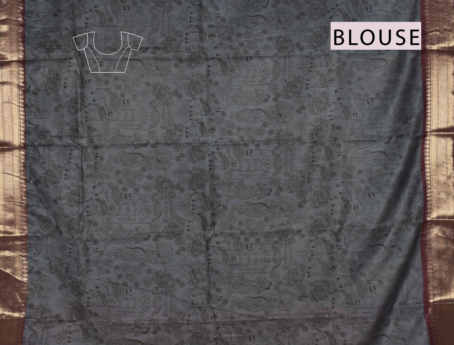 Grey Bengal Cotton Kalamkari Style Zari Border Peacock Pallu Saree