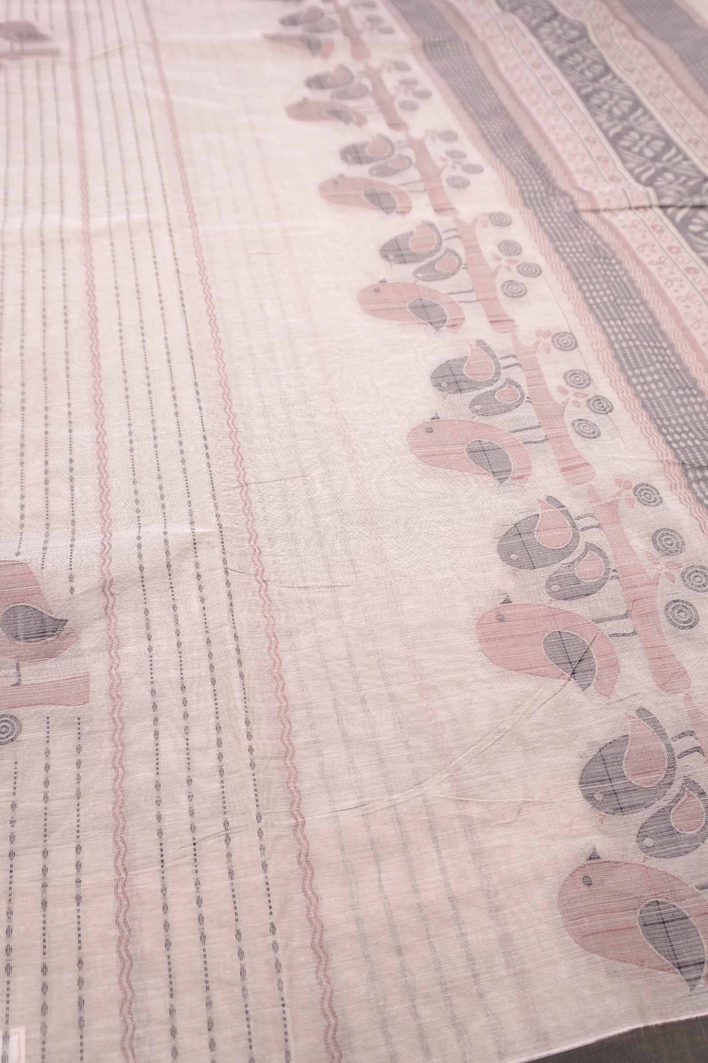 Off White Pure South Cotton Lines Lil Birds Butta Saree