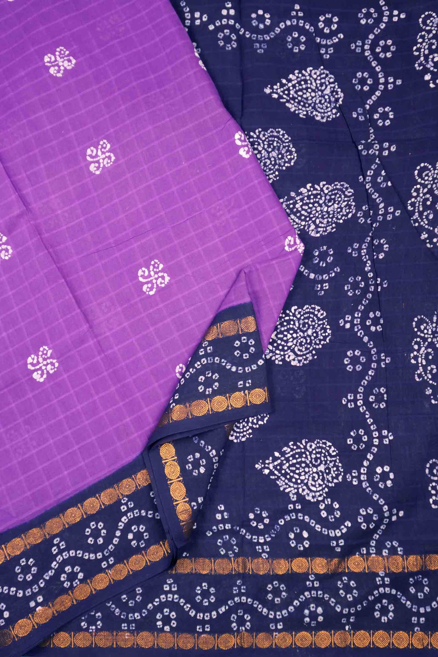 Purple Pure Sungudi Cotton Kolam Print Zari Border Saree