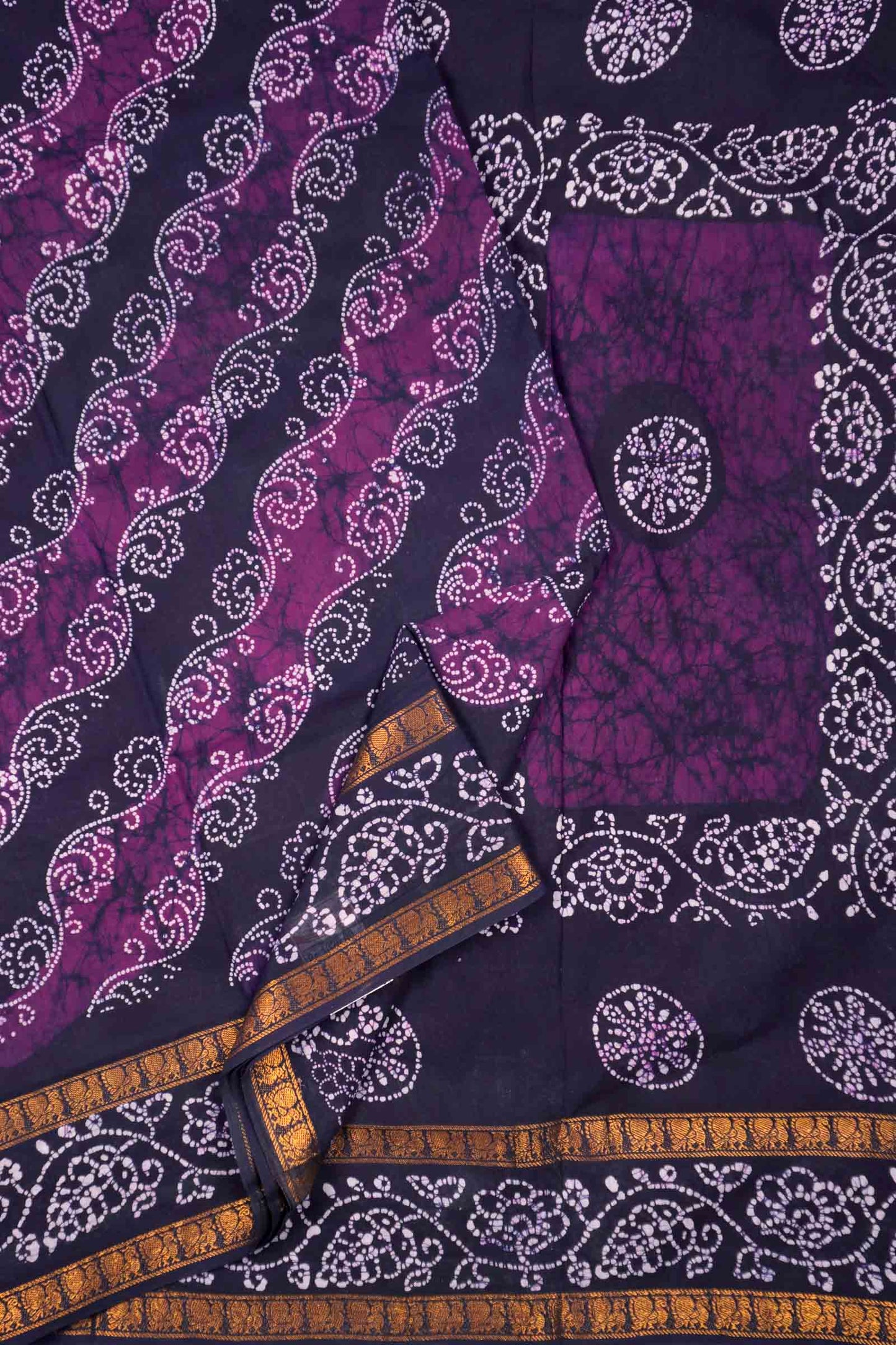 Dark Violet Pure Sungudi Double Floral Cross Print Peacock Border Saree
