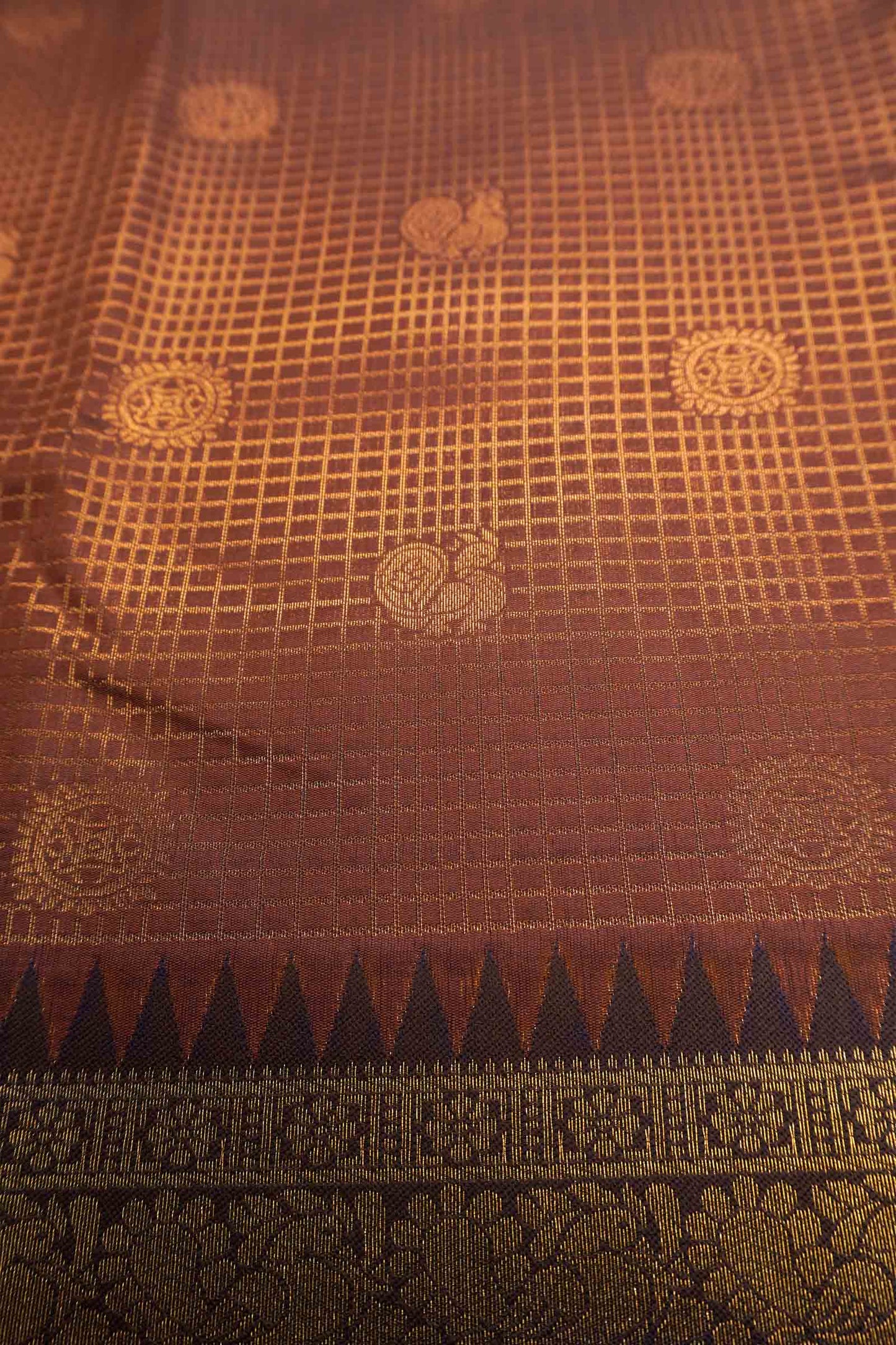 Brown Semi Soft Silk Mini Checks Peacock Butta Zari Border Saree