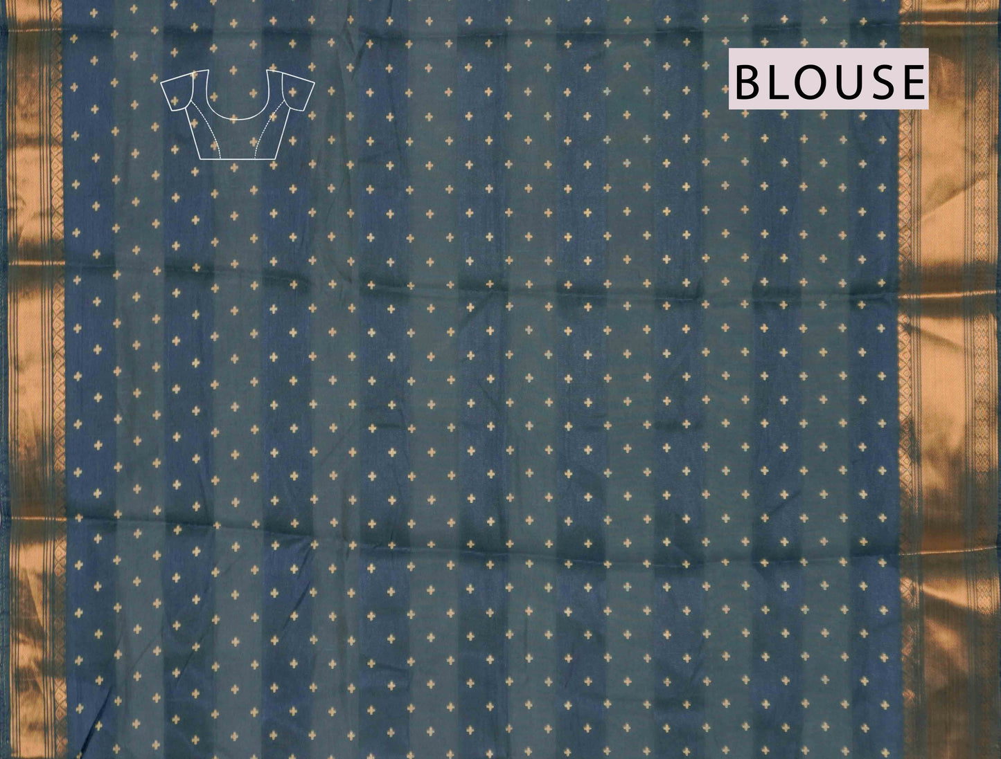 Navy Blue Elephant Prints Self Checks Zari Border Fancy Cotton Saree