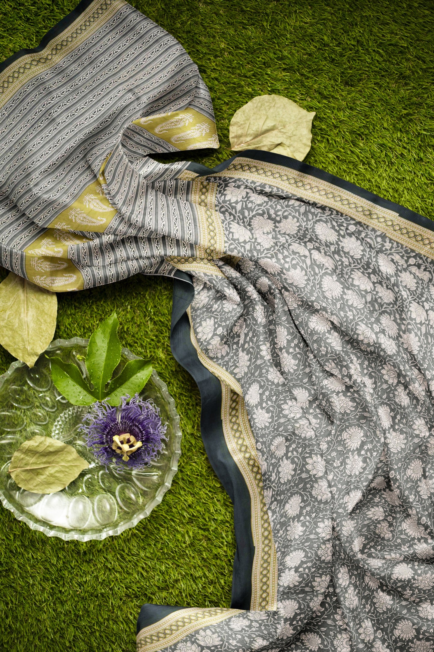 Grey Jaipur Cotton Floral Hand Block Print Saree