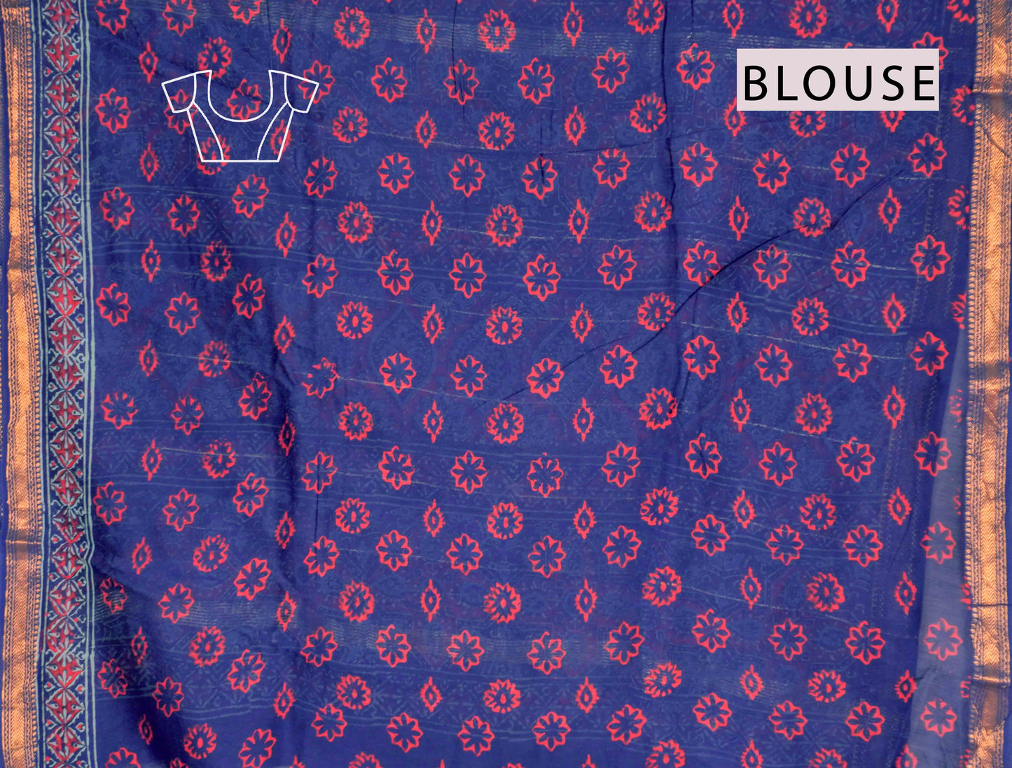 Navy Blue Jaipur Cotton Ajrakh type Prints Zari Border Saree