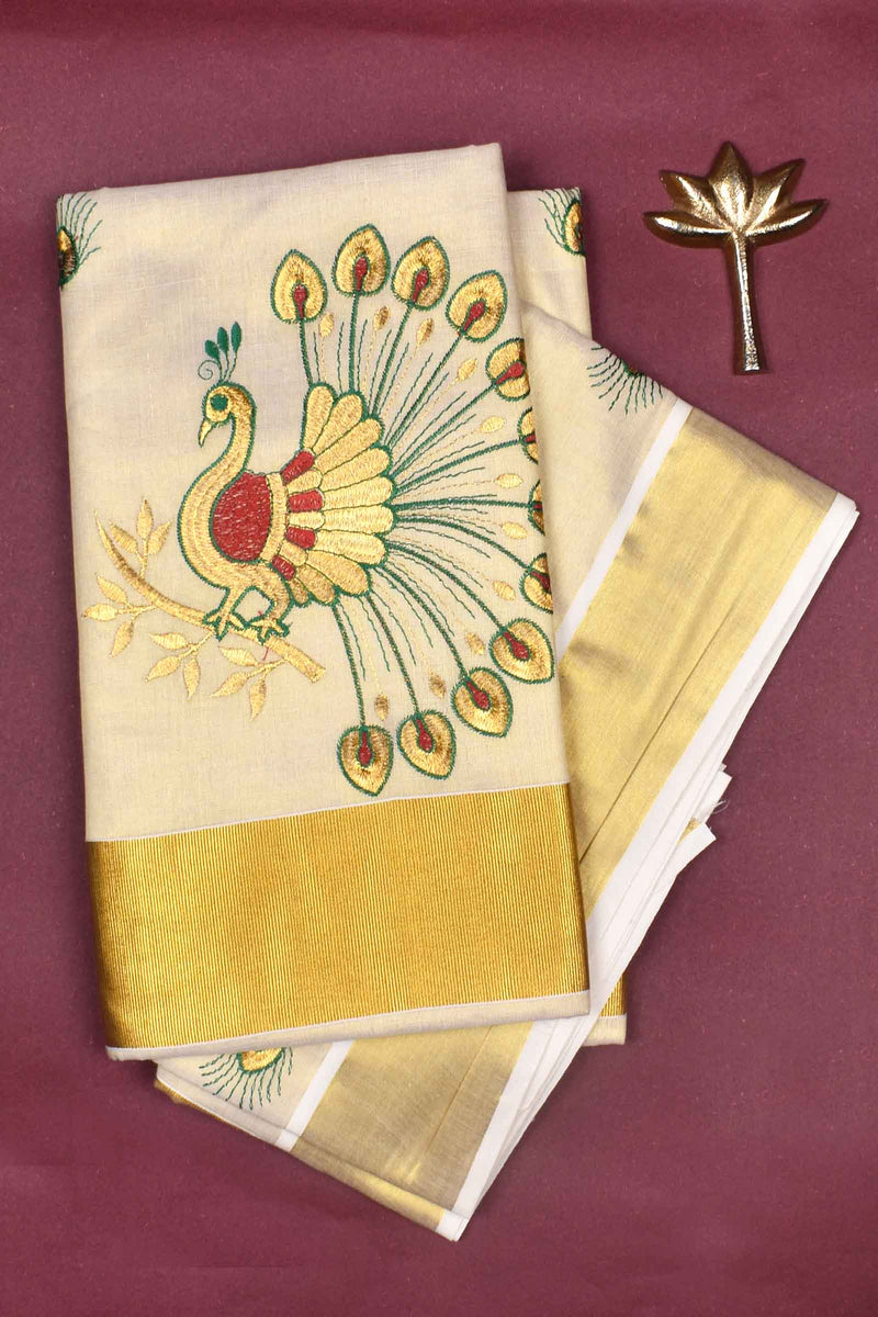 Kerala Tissue Gold Peacock Feather Butta Saree