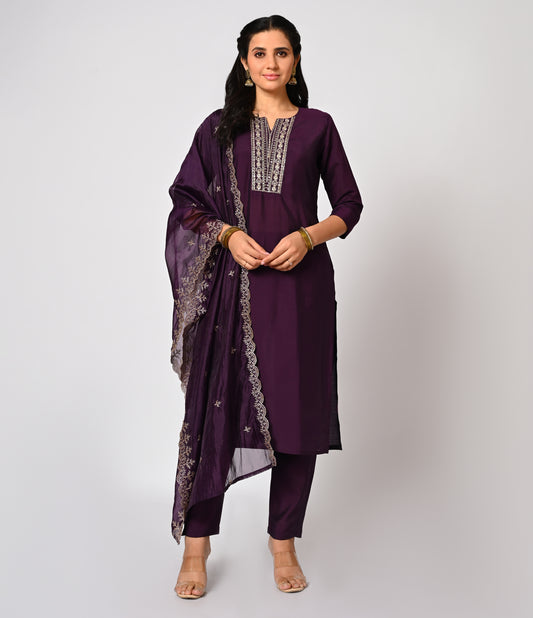 Purple Straight Cut Salwar Kameez Set with Organza Dupatta