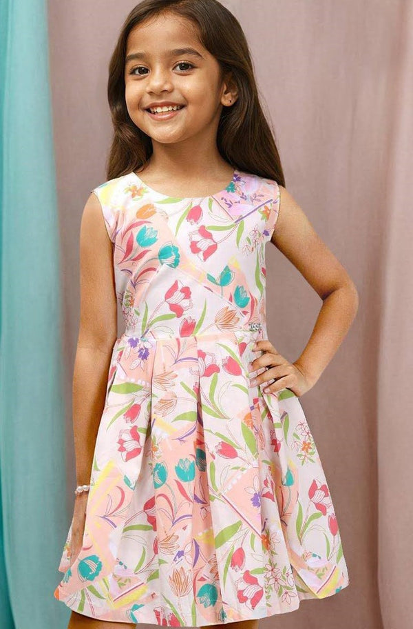 Cream Printed Cotton Frock for Girls