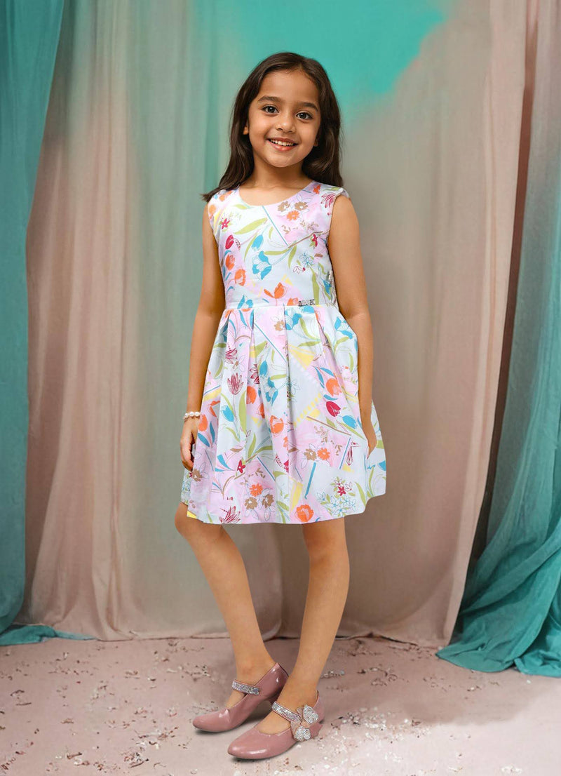 Lightblue Cotton Printed Frock for Girls