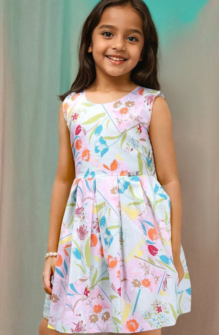 Lightblue Cotton Printed Frock for Girls