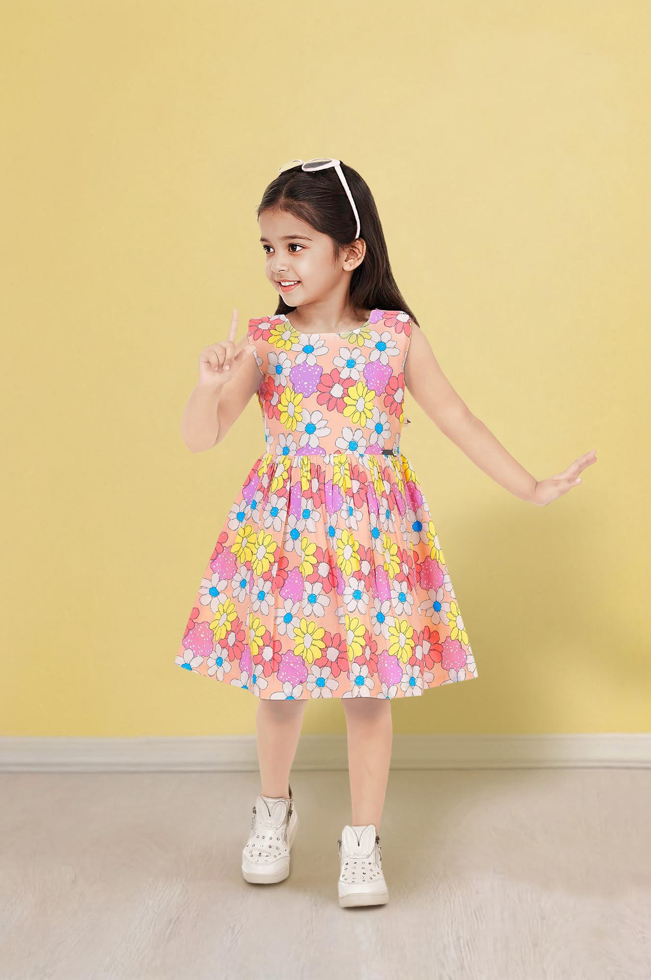 Pink Floral Printed Cotton Frock for Girls