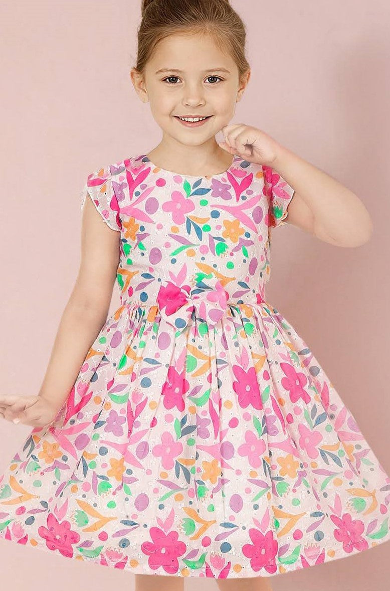 Pink Floral Printed Cotton Frock for Girls