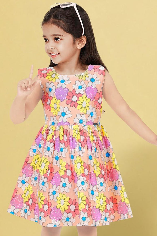 Pink Floral Printed Cotton Frock for Girls