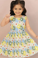 Yellow Floral Printed Cotton Frock for Girls