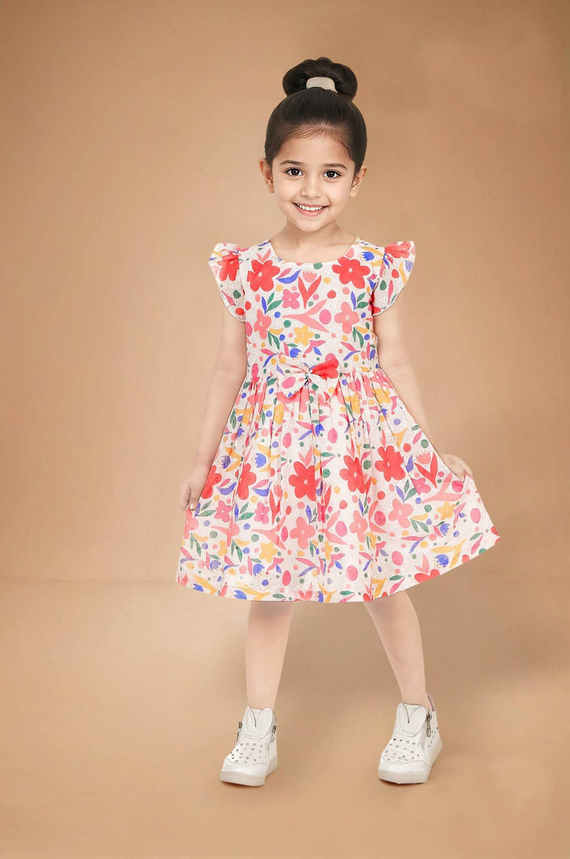 Red Floral Printed Cotton Frock for Girls