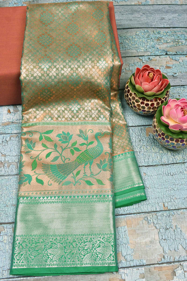 Light Green Semi Silk Peacock Border Bridal Tissue Saree