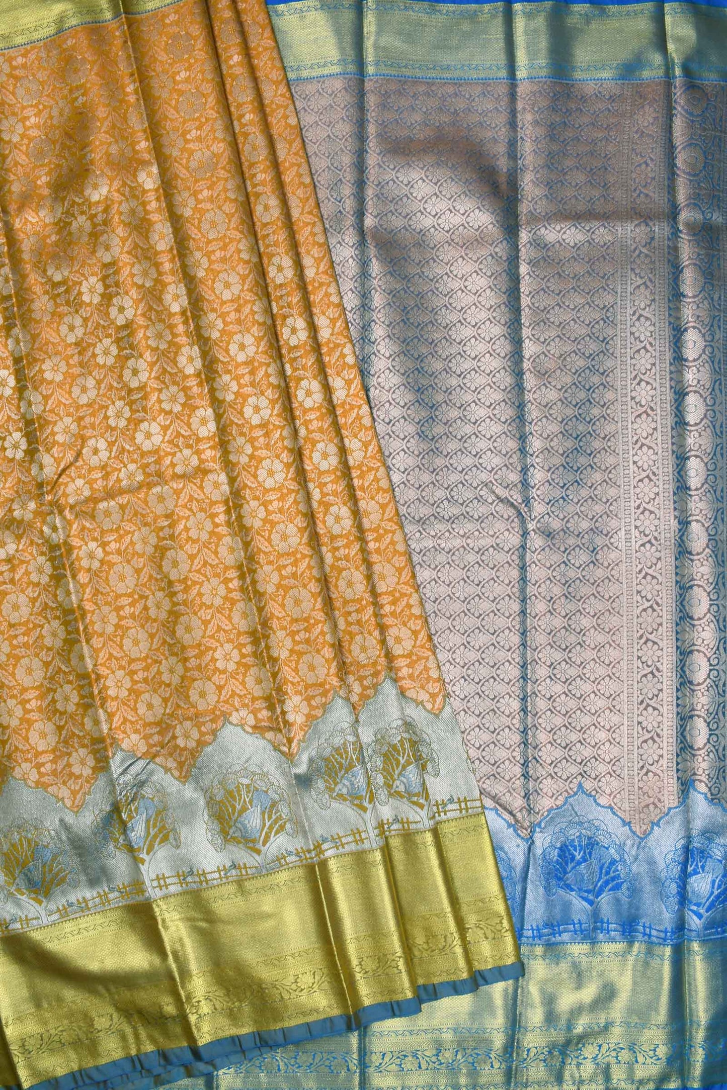 Yellow Semi Silk Contrast Blue Border Bridal Tissue Saree