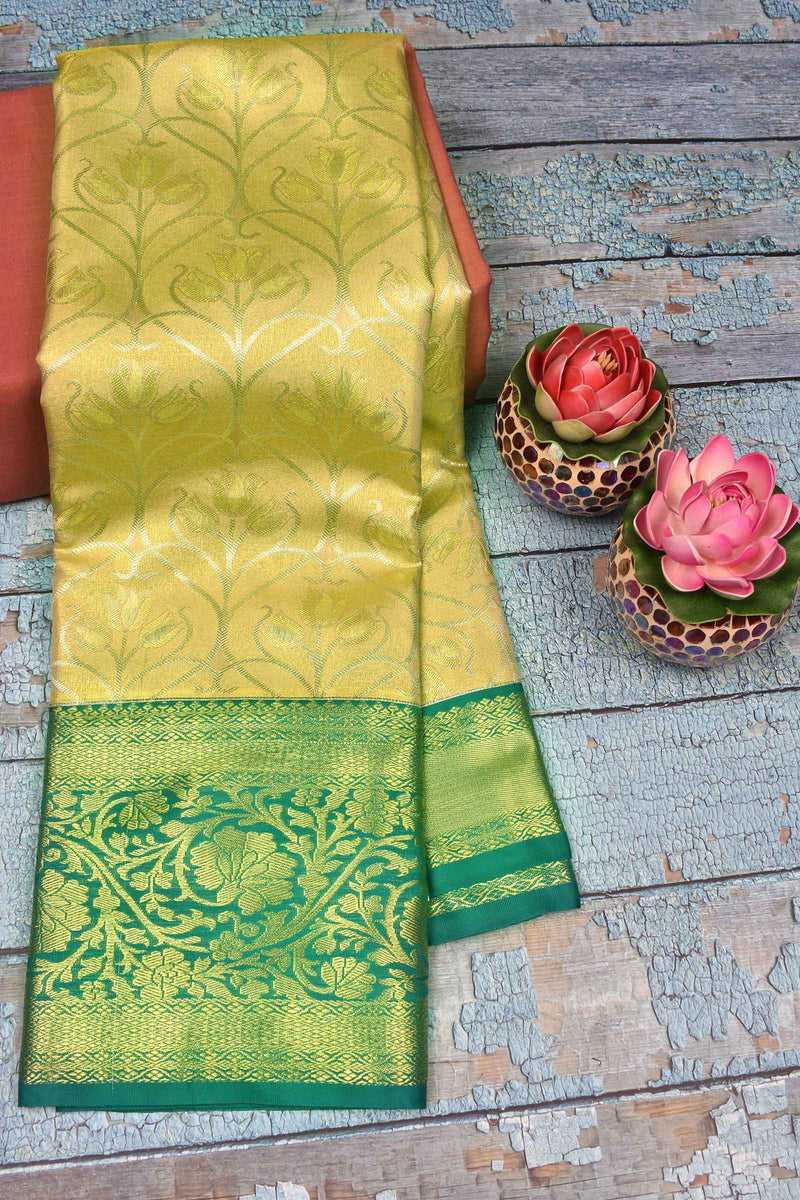 Yellow Gold Semi Silk Floral Jaal Design Contrast Border Bridal Tissue Saree