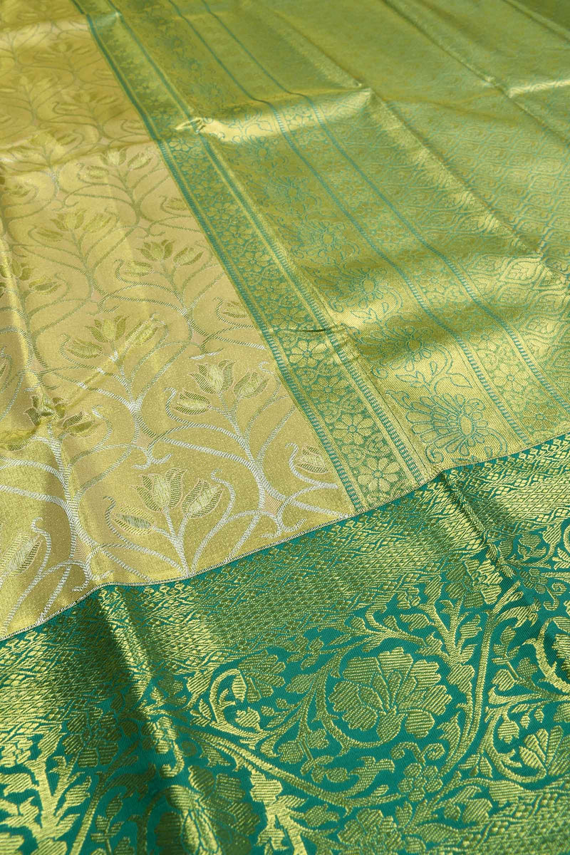 Yellow Gold Semi Silk Floral Jaal Design Contrast Border Bridal Tissue Saree